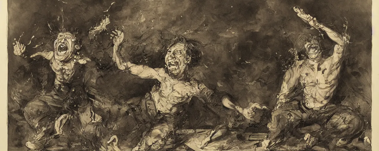 Image similar to portrait of a mad man screaming and laughing with ink bursting from the eyes, by max prentis,