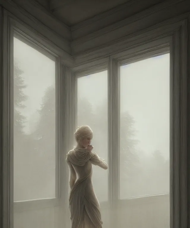 Prompt: view from a window of a house construction by charlie bowater and anna dittmann and artgerm and clemens ascher, intricate, elegant, beige mist, highly detailed, dramatic lighting, sharp focus, octane render, trending on artstation, artstationhd, artstationhq, unreal engine, 4 k, 8 k