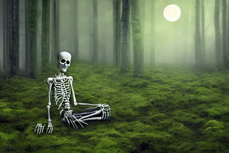 Image similar to a burning with fire human skeleton sitting behind computer, overgrown with moss, in foggy forest, at night with moon light, dark atmosphere, fantasy, digital art