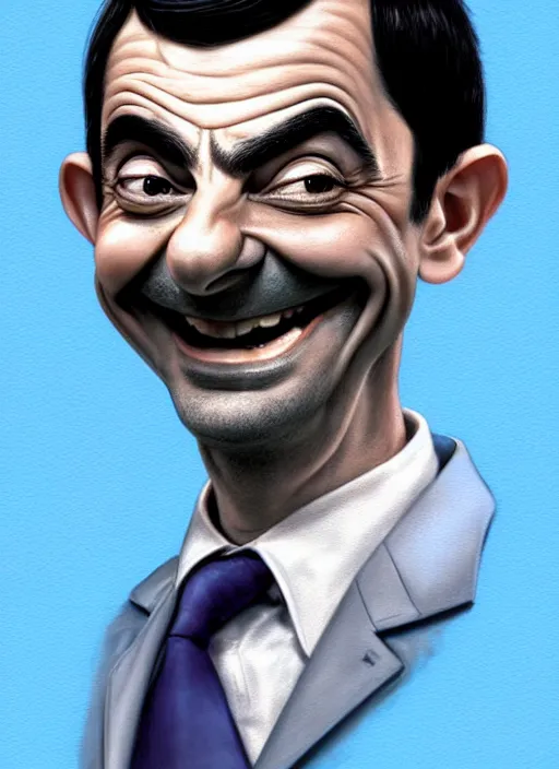 Image similar to highly detailed pencil sketch caricature portrait of smiling mr bean waiter by ross tran, by greg rutkowski, brush strokes, 4 k resolution, light blue pastel background