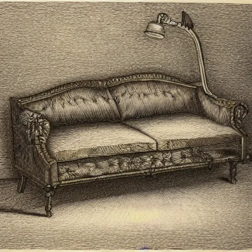 Prompt: a hybrid between a couch and a house,, insanely detailed, studio light, gustav dore, colored pencil