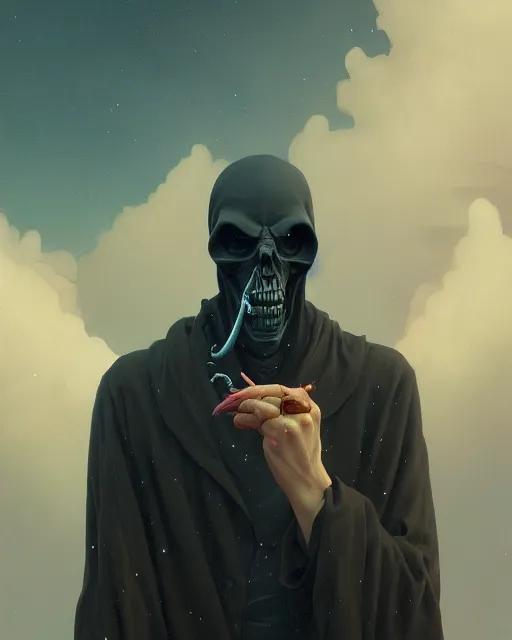 Prompt: highly detailed surreal vfx portrait of the grim reaper, stephen bliss, unreal engine, greg rutkowski, loish, rhads, beeple, makoto shinkai and lois van baarle, ilya kuvshinov, rossdraws, tom bagshaw, alphonse mucha, global illumination, detailed and intricate environment