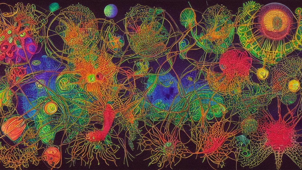 Prompt: quantum connections represented as symbiotic organisms like cells playing around with colorful lights by ernst haeckel, prismatic view