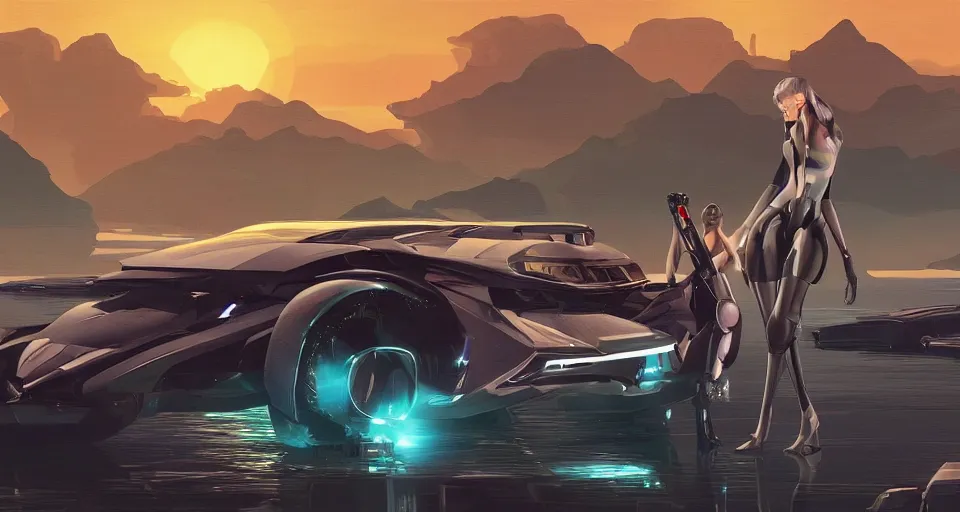 Image similar to a decadent futuristic sportscar designed by pinifarina and a female robot holding a bazooka at a lake in ancient greece, hdr, hyperrealistic, photorealistic, bokeh, volumetric lighting, sunrise background, production i. g. studios syd mead style