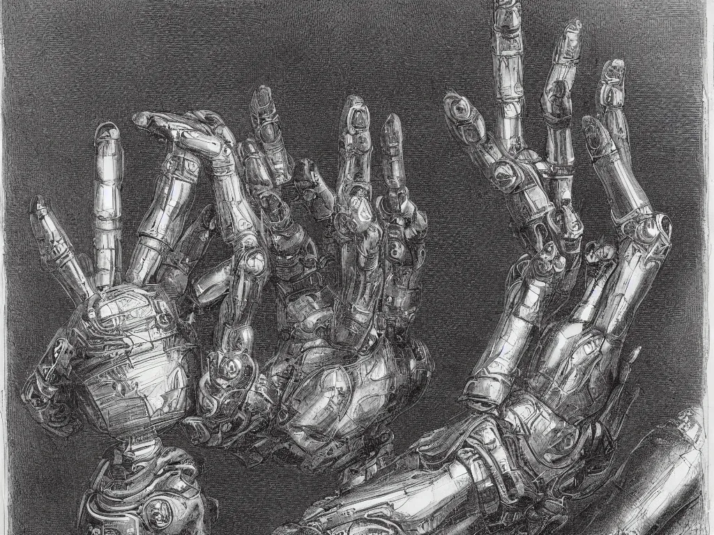 Prompt: robot hands in the style of gustave dore and piranesi