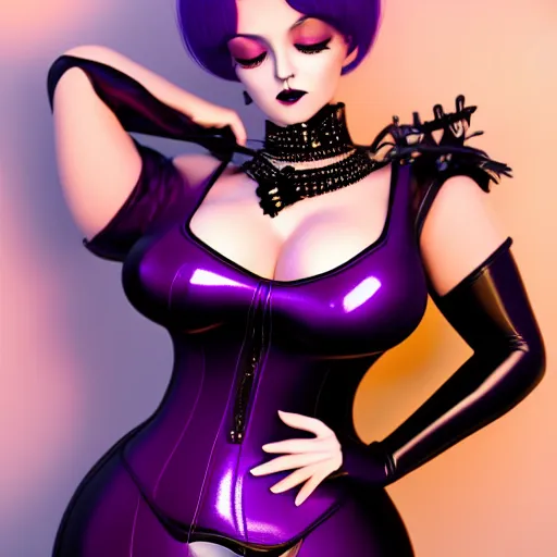 Image similar to curvy feminine goth woman with dignified elaborate tight purple-black-silver nylon and latex ballroom gown, black choker necklace, amorous posture, photorealistic, cgsociety, sublime, 16k, smooth, sharp focus, ArtStation, hyperdetailed, volumetric lighting