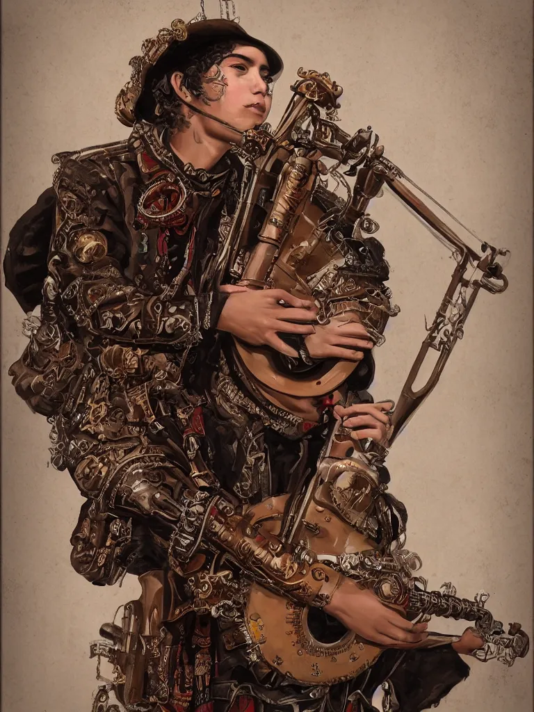 Image similar to Portrait of a Steampunk Young Mariachi Musician in Zacatecas, by Manuel Sanjulian and Tom Baghsaw, artstation 🇲🇽