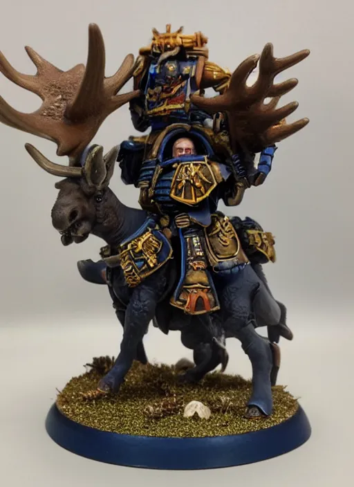 Image similar to 8 0 mm resin detailed miniature of a warhammer 4 0 k space marine riding a moose, product introduction photos, 4 k, full body,