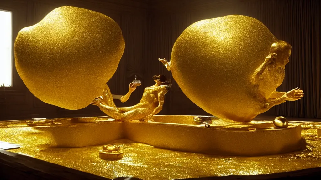 Prompt: a giant hand made of gold and water floats through the living room, film still from the movie directed by Denis Villeneuve with art direction by Salvador Dalí, wide lens