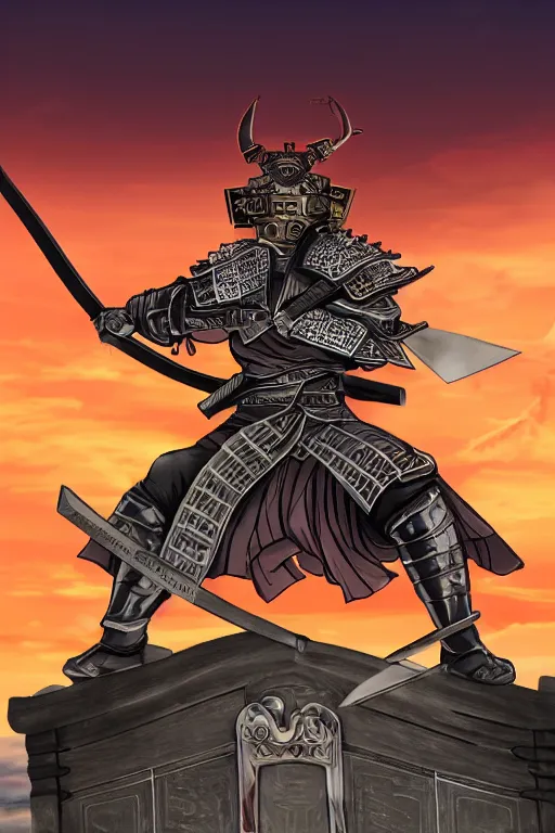 Prompt: a godlike and indomitable masked, helmeted and heavily armored samurai wielding their ornamental katana before a large Torii gate, the rising sun in the background. Photo realistic. Award winning