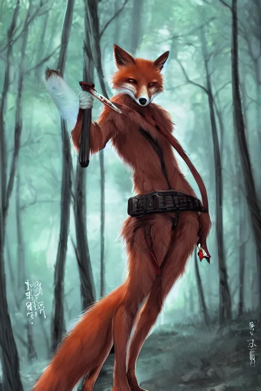 Prompt: a medevial anthropomorphic fox assassin with a fluffy tail in a forest, trending on pixiv, detailed, anime, warm lighting, backlighting, by kawacy, trending on furaffinity, furry art, fantasy art, assassins creed