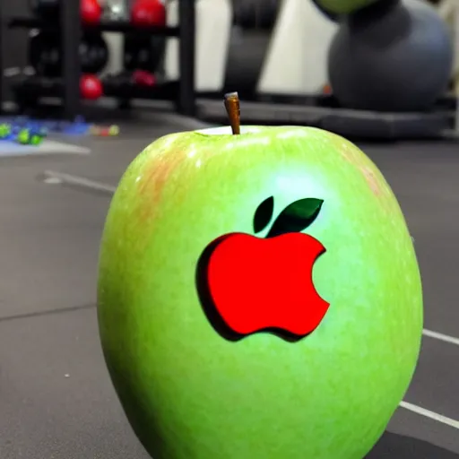 Image similar to an apple doing CrossFit, super detailed person and apple