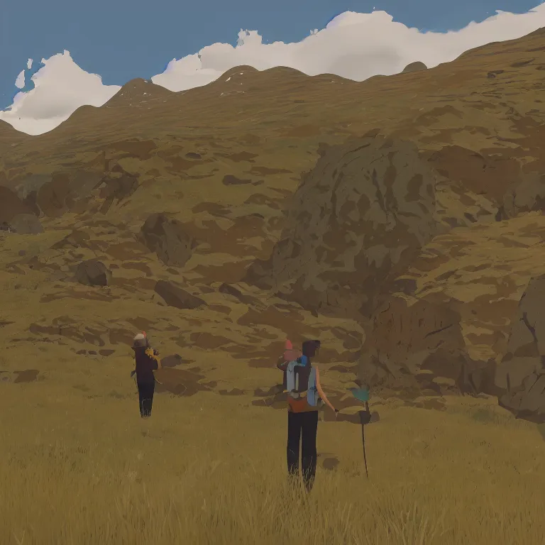 Image similar to Hiking in the Scottish Highlands. A still from Kentucky Route Zero.