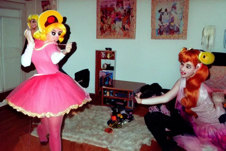 Prompt: a funny unexpected photo made with a disposable camera of a real life Princess Peach having fun in my livingroom, in color