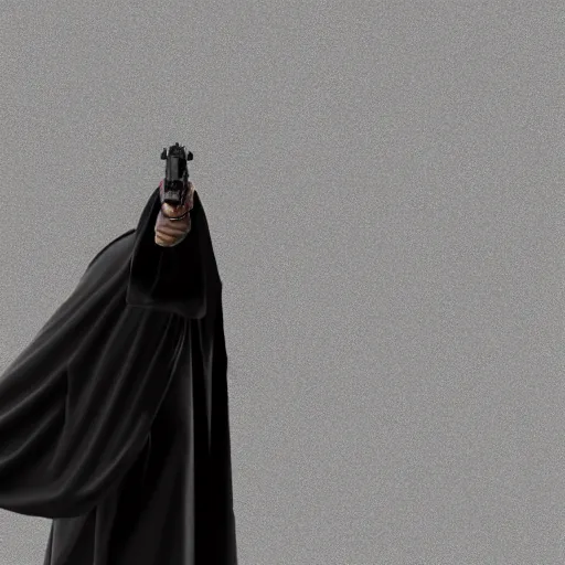 Prompt: a figure shrouded in a cloak, one hand comes out holding a handgun, 4 k, photorealistic