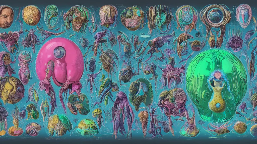 Image similar to colorful and vivid character sheet for an extraterrestrial with large bulbous head, religious robes, retrofuture, ernst haeckel, fantastic planet, moebius, valerian, coherent, illustration, digital art, trending on artstation, hd, 8 k, good lighting, beautiful, rough paper, masterpiece