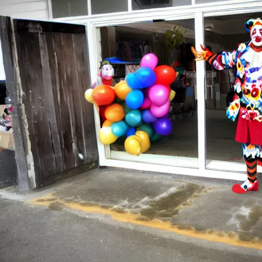 Image similar to clown shopping for coffins at a funeral home