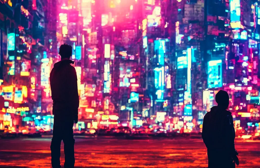 Prompt: one man standing in front of a cyberpunk city, in the center of the image, neon lights, bokeh, award wining photograph, movie still,