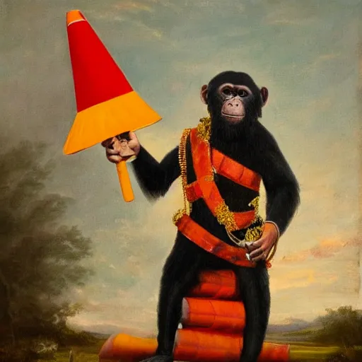 Image similar to An exquisite oil painting of a chimpanzee dressed like the DUke of Wellington with a traffic cone on his head