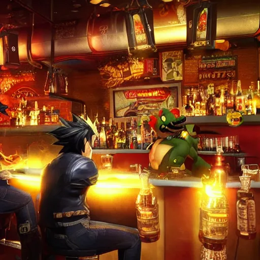 Prompt: an ultradetailed 3 d render of shadow the hedgehog and bowser sitting in a bar drinking beer, dive bar with a karaoke machine, volumetric lighting, 4 k, octane render, art by greg rutkowski and alphonse mucha and andreas rocha and albert bierstadt