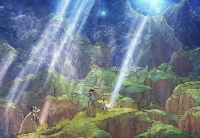 Image similar to a cell - shaded cartoon from howl's moving castle ( 2 0 0 4 ) showing several pyramids underwater at the bottom of the sea. shafts of sunlight come from above. wide shot, very dull muted colors, hd, 4 k, hq