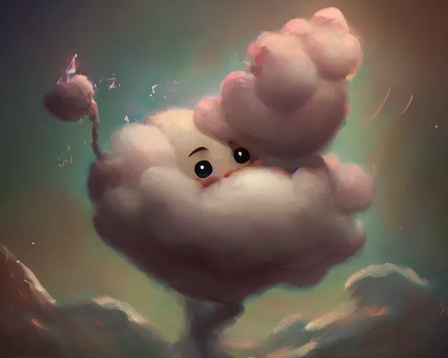 Prompt: An adorable digital fantasy painting of a happy cloud, trending on Artstation