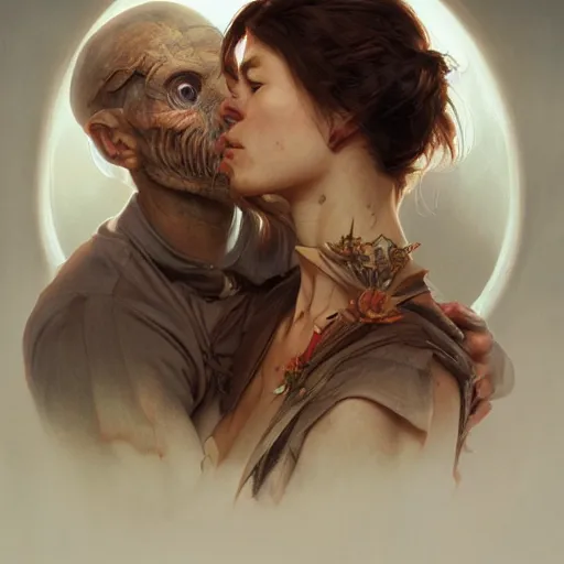 Prompt: portrait painting of man biting woman neck, ultra realistic, concept art, intricate details, eerie, highly detailed, photorealistic, octane render, 8 k, unreal engine. art by artgerm and greg rutkowski and alphonse mucha