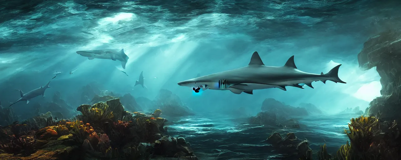 Image similar to shark underwater, underwater light beams ,beautiful dynamic lighting, cinematic, wide angle establishing shot, extremely high detail, photo realistic, cinematic lighting, post processed, concept art, artstation, matte painting, style by frederic church, raphael lacoste, unreal engine 8k