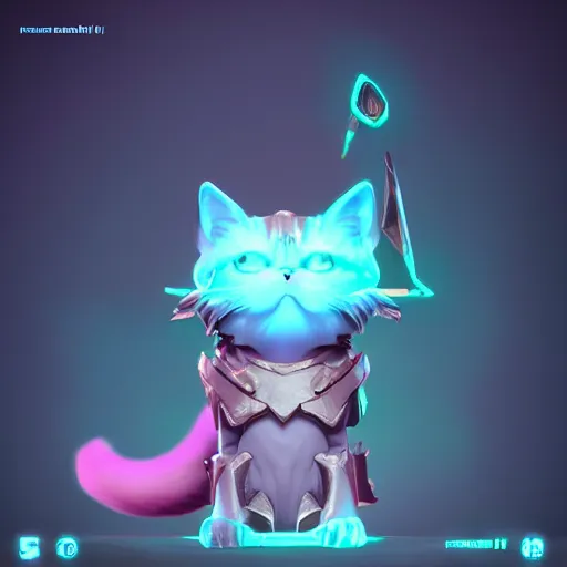 Image similar to super cute fantasy cat warrior 3D concept art by beeple by Raffaello Sanzi and Chao Teng Zhao, anthropomorphic glowing effect, ornate, dynamic, centered, sharp focus, beautiful detailed, face very realistic, Game Art, hyper detailed, no background, cartoon, cinematic, raytrace, Trend on artstation, C4D