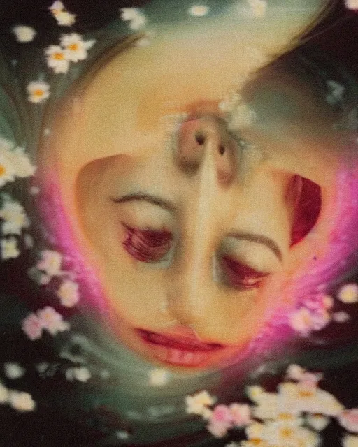 Prompt: oversaturated, burned, light leak, expired film, photo of a woman's serene face submerged in a flowery milkbath, rippling liquid, vintage glow, sun rays, black and white, glitched pattern, 1 9 9 0 s japanese magazine ad