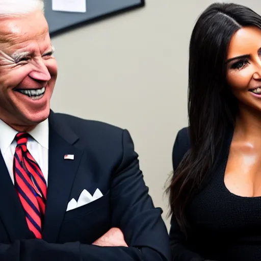 Image similar to stock photo of kim kardashian, and joe biden wearing suits and ties laughing in an office building, 8k resolution, full HD, cinematic lighting, award winning, anatomically correct