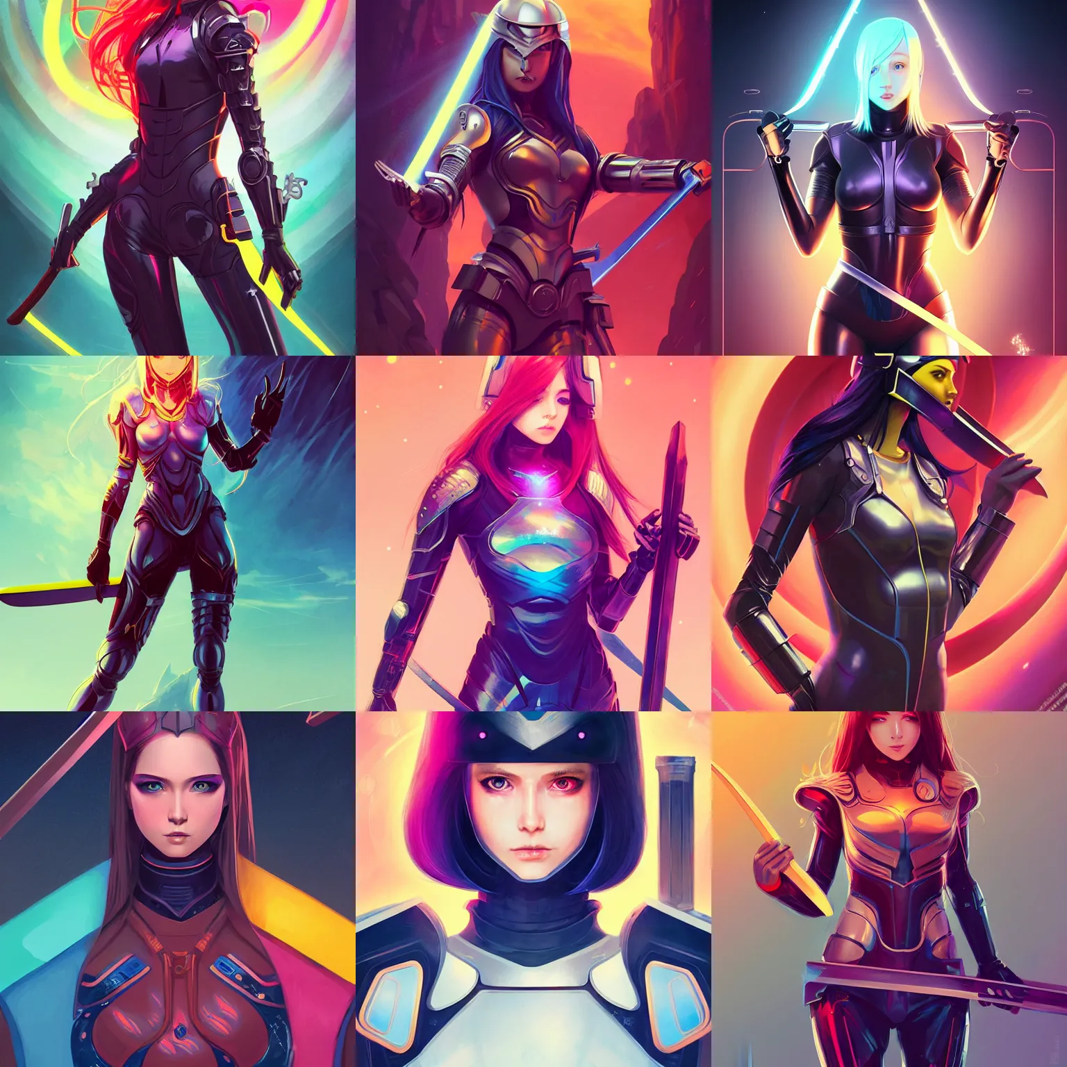 Prompt: poster art of woman in full sci - fi body suit holding a sword and helmet, long straight hair, colourful, pretty face, symmetrical face, android eyes, anime style by rossdraws, artgerm and greg rutkowski, 4 k, graphic design, adobe illustrator, behance, trending on pixiv