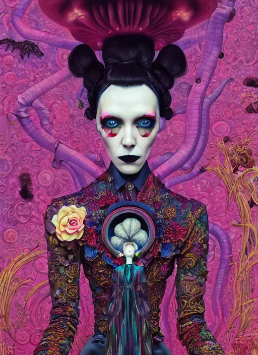 Image similar to pretty goth model with hallucination mushroom : : by martine johanna and simon stalenhag and chie yoshii and casey weldon and wlop : : ornate, dynamic, particulate, rich colors, intricate, elegant, highly detailed, vogue, harper's bazaar art, fashion magazine, smooth, sharp focus, 8 k, octane render,