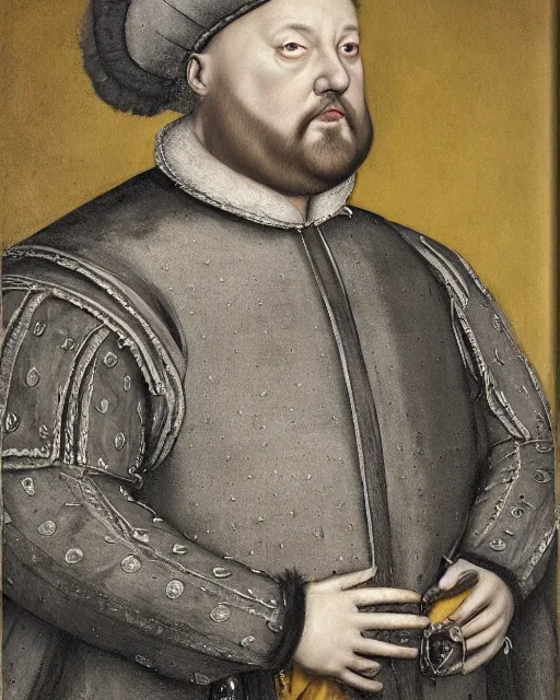 Image similar to fat gray cat with yellow eyes dressed like henry viii, tudor period menswear, hans holbein the younger, greg rutkowski, royal portrait, painting