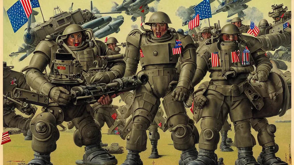 Image similar to America and Japan fight WWII with mechs, in the style of Norman Rockwell, sci-fi illustrations, propaganda poster, highly detailed, intricate, photorealistic, award-winning, patriotic, dark, gritty, oil painting