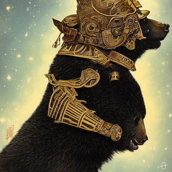 Prompt: ultra realistic illustration, anthropomorphic samurai asian black bear with armor made of stars, sci - fi, fantasy, intricate, elegant, highly detailed, digital painting, artstation, concept art, smooth, sharp focus, illustration, art by artgerm and alphonse mucha