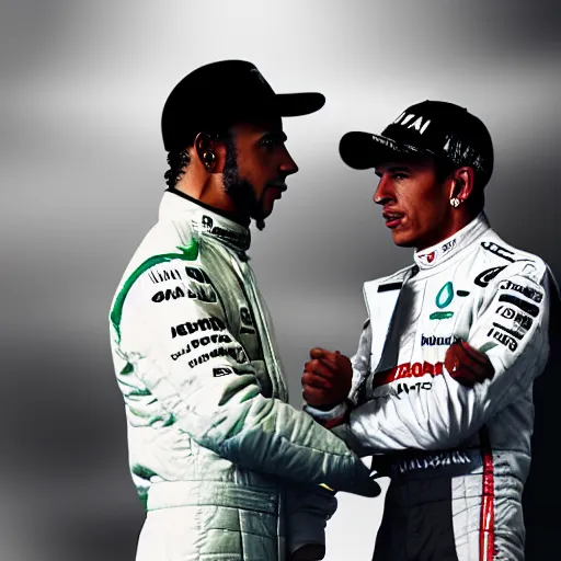 Image similar to lewis hamilton with ayrton senna, nikon photorealistic award - winning 4 k bright