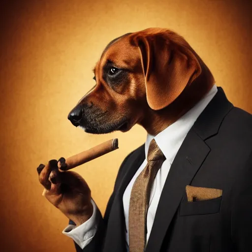 Prompt: detailed dog in a suit, smoking cigar, micro details, 4 k, high contrast, concept art, steampunk, bokeh, portrait, offset