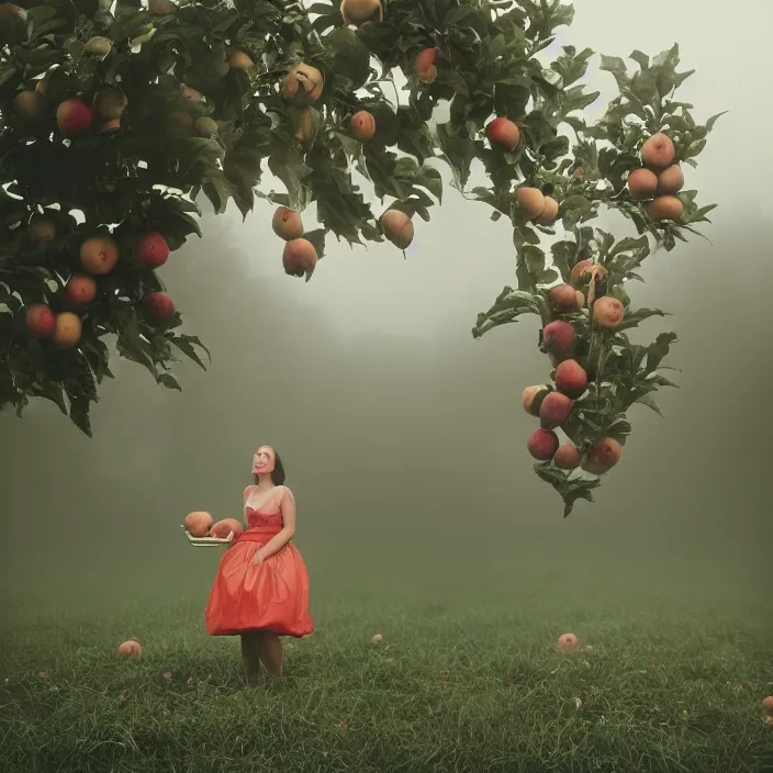 Prompt: a closeup portrait of a woman wearing an inflatable dress, picking apples from a tree, foggy, moody, photograph, by vincent desiderio, canon eos c 3 0 0, ƒ 1. 8, 3 5 mm, 8 k, medium - format print