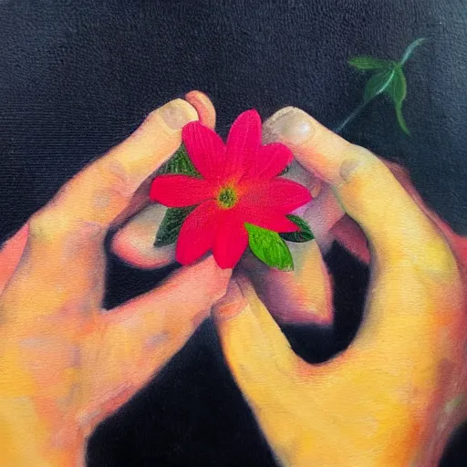 Prompt: hands holding a flower. mixed media oil painting HD 8x