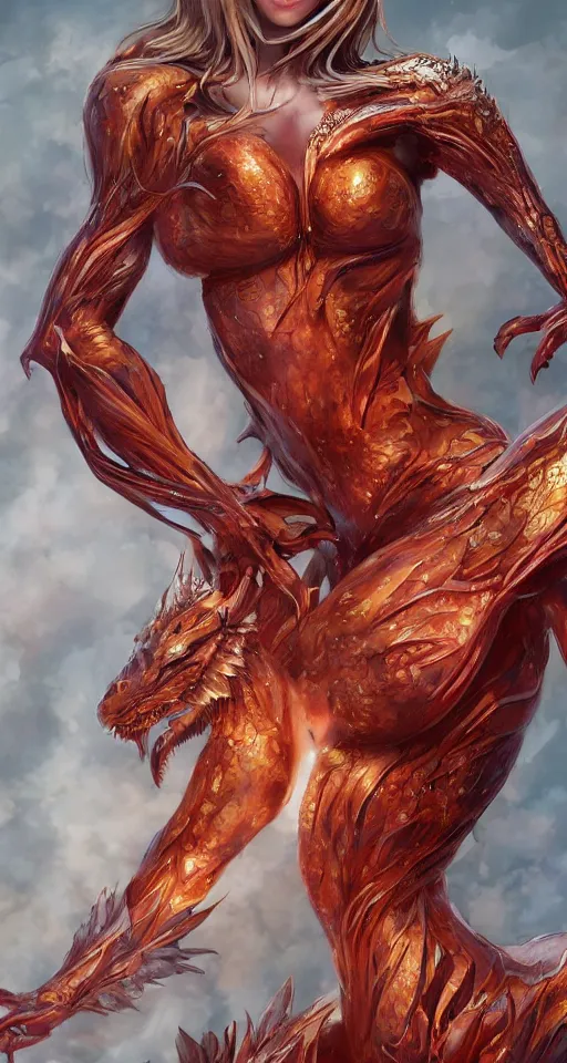 Image similar to 3/4 body portrait of the firedragon queen by artgerm, Dragon in dragon lair, HD, full body dragon concept, flying dragon, Human body with dragon features, beautiful queen, perfect face, fantasy, intricate, elegant, highly detailed, digital painting, artstation, concept art, smooth, sharp focus, illustration, ray tracing, 4k realistic 3d rendered portrait, soft shading, soft colors, relaxed colors, hyperdetailed, wide angle lens, fantasy, futuristic horror, armor style of giger