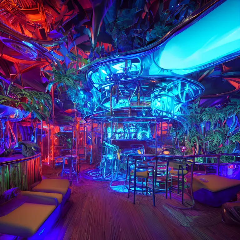 Prompt: octane render by josh pierce and prateek vatash and roman bratschi, inside a dark vibey moody cool stylish highly - themed blue neon futuristic sci - fi tiki bar with many tropical plants built inside a yacht with low ceilings, cinema 4 d, 4 k, ray tracing reflections, volumetric lighting and shadows