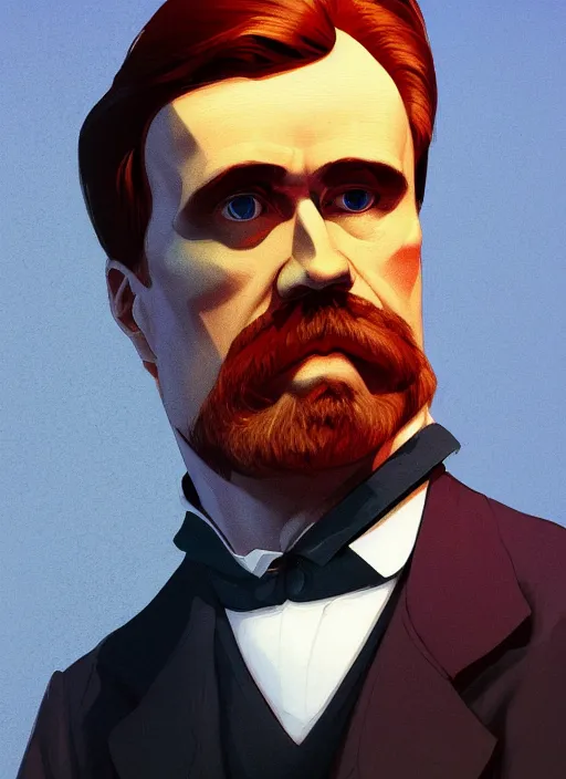 Image similar to 4k Portrait of Friedrich Nietzsche in his Suit with a chiseled Jawline and serious Look, in the Style of Artgerm and Ross Draws and Mike Mignola, rim light, saturated colors, hard shadows, colorful, plain background, trending on artstation