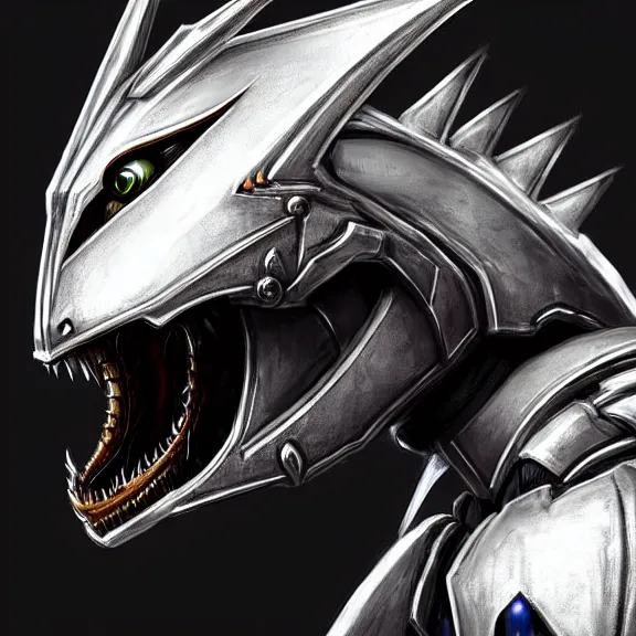 Image similar to high quality close up headshot of a cute beautiful stunning robot anthropomorphic female dragon, with sleek silver armor, a black OLED visor over the eyes, facing the camera, maw open and about to eat you, you being dragon food, the open maw being detailed and soft, highly detailed digital art, furry art, anthro art, sci fi, warframe art, destiny art, high quality, 3D realistic, dragon mawshot, furry mawshot, macro art, dragon art, Furaffinity, Deviantart