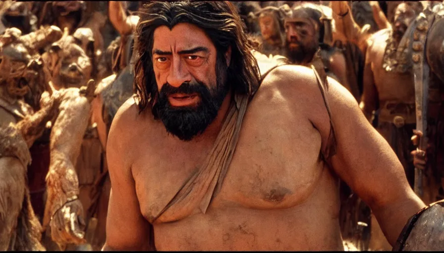 Image similar to movie still by peter jackson of javier bardem as gilgamesh, sumerian epic movie with sumerian monsters, fights, cinestill 8 0 0 t eastmancolor technicolor, high quality, very detailed, heavy grain, fine facial features, 8 k, octane render