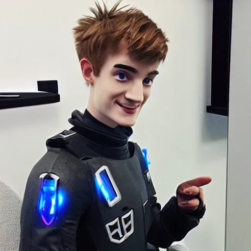 Image similar to “a realistic detailed photo of a guy who is an attractive humanoid who is half robot and half humanoid, who is a male android, twitch streamer Ninja Tyler Blevins, shiny skin, posing like a statue, blank stare, on a gaming chair streaming”