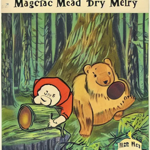 Image similar to magical forest, bear, trees, honey, 1 9 4 0 s cartoon, merry melodies, sharp focus