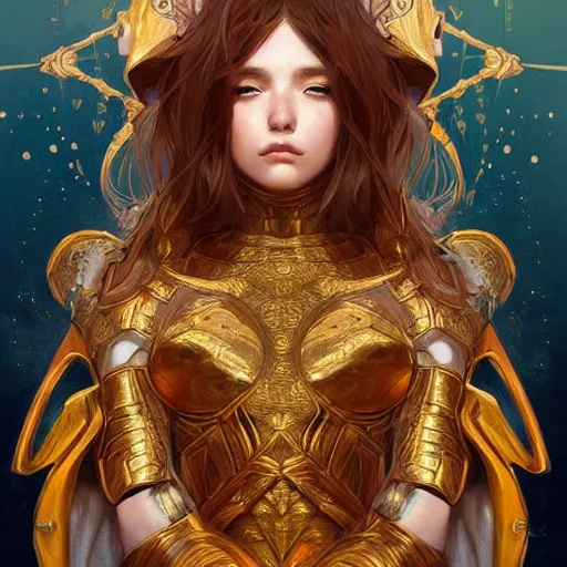 Image similar to portrait knights of Zodiac girl, golden and copper armor, sci-fi, fantasy, intricate, very very beautiful, elegant, highly detailed, digital painting, artstation, concept art, smooth, sharp focus, illustration, art by artgerm and WLOP and alphonse mucha