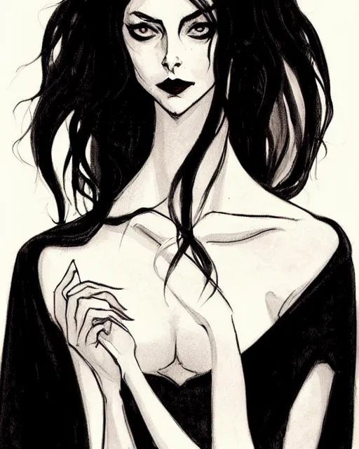 Image similar to style of abigail larson : : gorgeous willa holland : : evil witch, swirling black magic, black dress : : symmetrical face, symmetrical eyes : : full body pose : : gorgeous black hair : : magic lighting, low spacial lighting : :