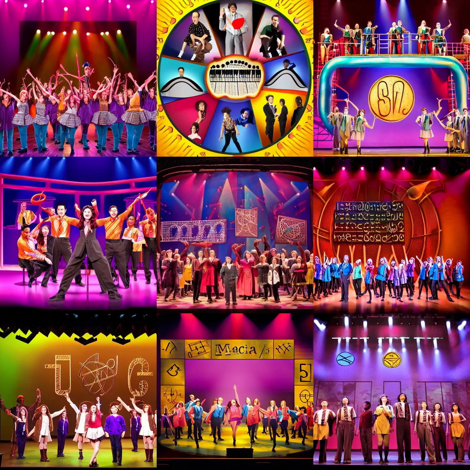 Prompt: mathematics the musical on broadway, full cast, math symbols in the background, promotional photo, stage lighting